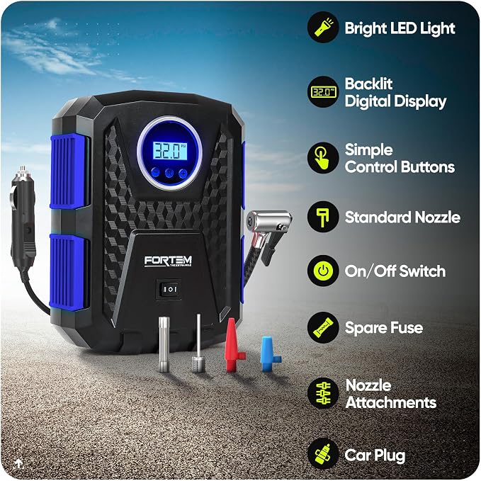 Tire Inflator Portable Air Compressor, Air Pump for Car Tires and Bikes, Car Tire Pump w/Auto Shut Off, 150 PSI, 12V DC, LED Light, Carrying Case, Perfect For Men, Women