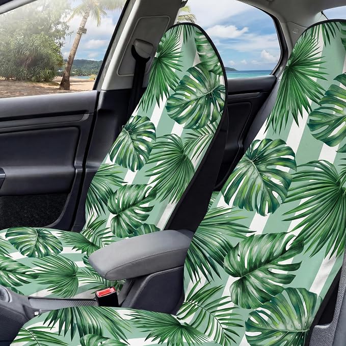 2 Pack Car Seat Towel Covers, Sweat Protector for Front Seats, Premium Thickened Microfiber with Palm Leaves, Breathable & Quick Dry, Slip-on Headrest Pocket for Gym Running Beach Universal Fit