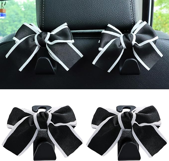 Car Seat Headrest Hook Cute Bowknot Vehicle Hanger Car Storage Organizer for Handbag Purse Coat Grocery Bag Black