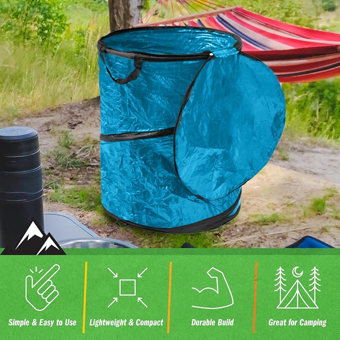 Collapsible Trash Can - Pop Up 44-Gallon Outdoor Portable Garbage Bag Holder with Zippered Lid - Recycle Bin for Camping or Parties (Blue)