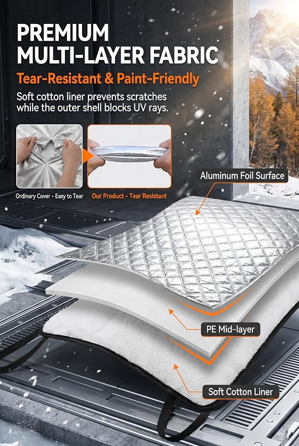 Half Car Cover, Windshield Cover for Ice and Snow, Hail Protector Car Covers, Aluminum Foil Heat Block Sunshade Hood Covers, Universal for Most Cars, SUVs, Trucks (Silver)