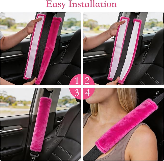 Soft Faux Fur Universal Fit Seatbelt Cover Car Truck SUV Airplane Seat Belt Shoulder Pad for Carmera Backpack Straps Neck Cushion Protector 2 Pack 10.5in Rose Red