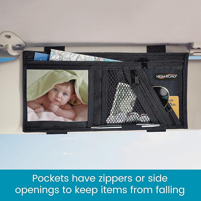 Car Visor Organizer with Secure Zip Pockets, Sunglasses Holder and Clear Registration and Insurance Pocket - Heavy Duty Straps Fit Most Car, SUV and Truck Visors
