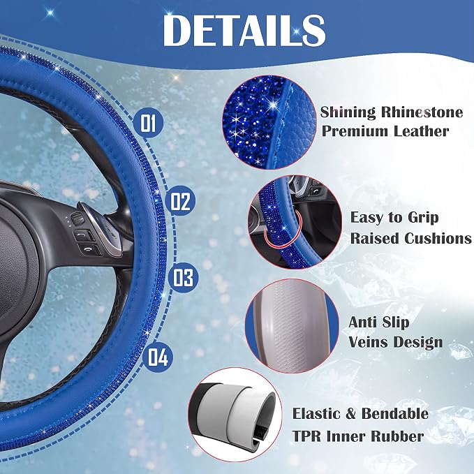Bling Diamond Leather Steering Wheel Cover, with Bling Sparkly Crystal Glitter Rhinestones Universal Fit 14" 1/2-15" Car Wheel Protect for Women Girl Fit Suvs,Vans,Sedans,Cars,Trucks, Blue