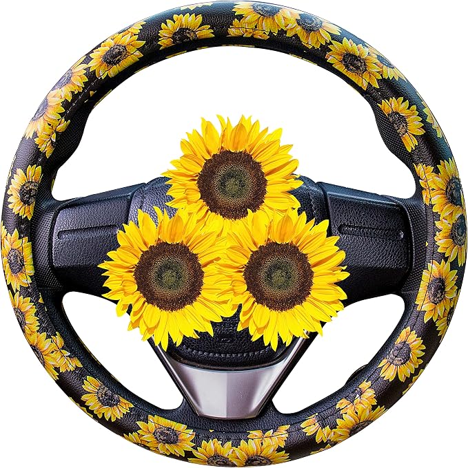 Sunflower Steering Wheel Cover Cute and Handmade,Leather Universal Steering Wheel Cover 15 inch, Fashionable Boho Sunflower Car Accessories for Women,Top Girl Car Accessories