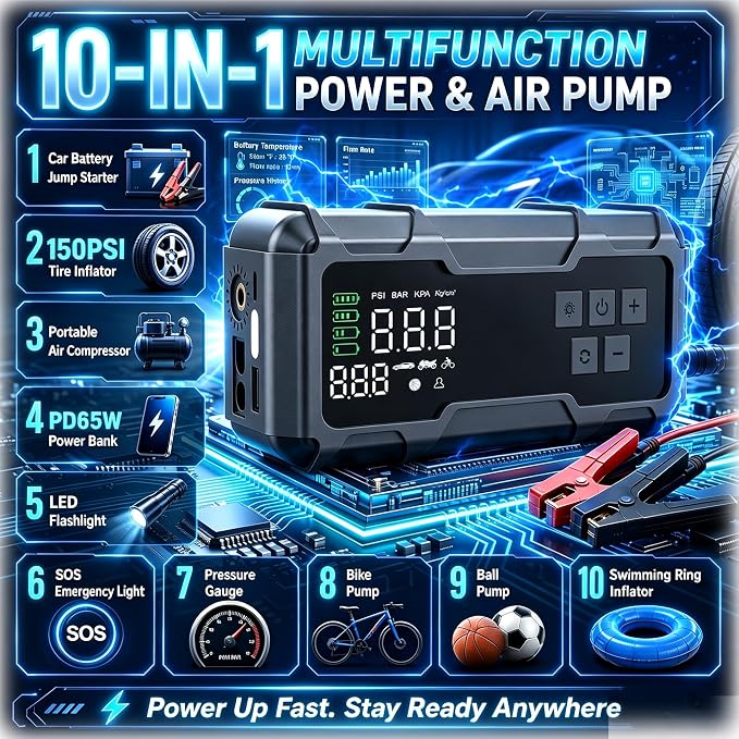 8000A Jump Starter with Air Compressor, Portable Tire Inflator, German-Tech Fast-Charging Power Bank Car Battery Booster for Car Owners Camping, Road Trips, Family Safety & Gift Giving (A3)