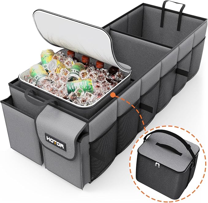 Trunk Organizer, Sturdy Foldable with Cooler for Car & SUV, 3 Compartments, Grey, 30.90”×12.60”×10.63”