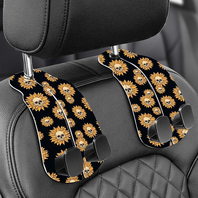 Purse Holder for Car, 2 Pack Heavy Duty Purse Hanger for Car, PU Leather Car Seat Hooks for Purses and Bags, Cute Sunflower Skull Headrest Organizer for Handbags & Backpacks