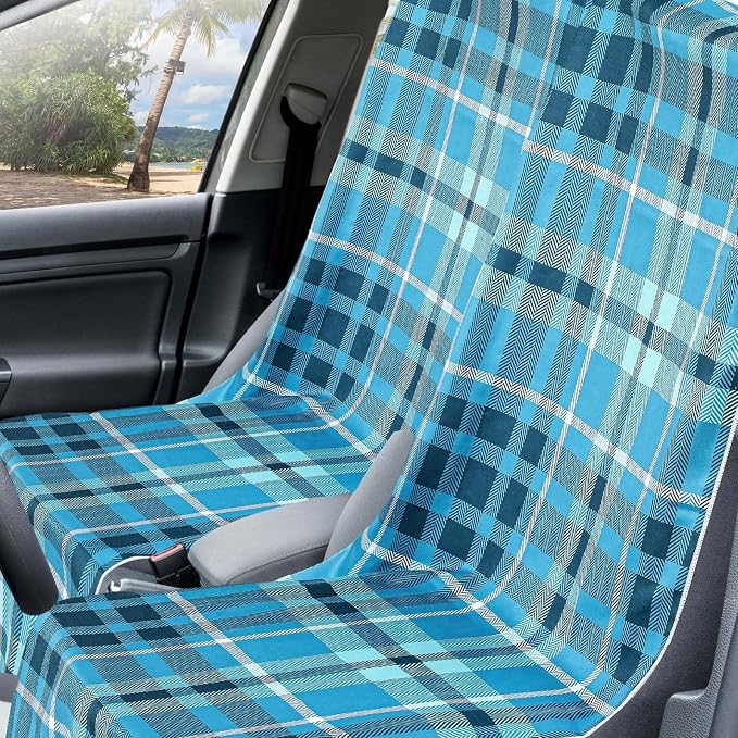 Car Seat Towel Covers with Storage Bag, 63 x 32 Inch Universal Non Slip Waterproof Sweat Protector for Car Truck, Gym Swimming Running, Machine Washable(2 Pack,Blue Plaid)