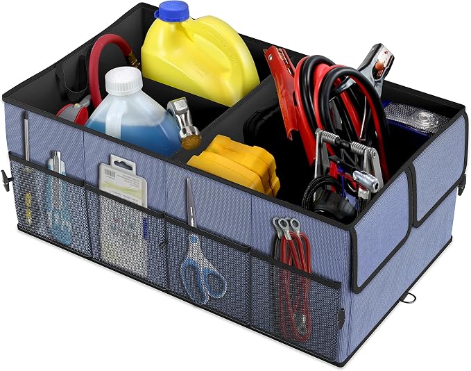 Foldable Car Trunk Organizer for SUV, 3-Compartment, Blue | with Removable Divider, Side Pockets and Securing Straps