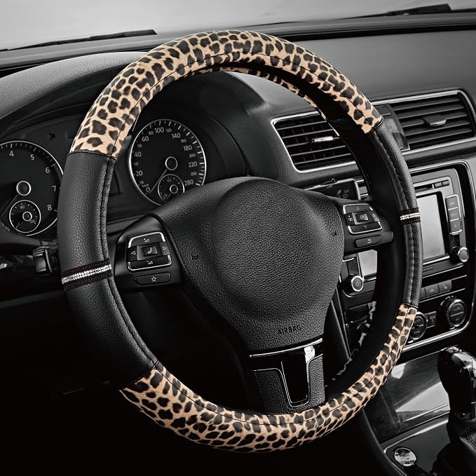 Leopard Steering Wheel Cover for Women, Cute Anti-Slip Microfiber Leather, Universal Fit 14.5-15 Inch Round Steering Wheel - Black