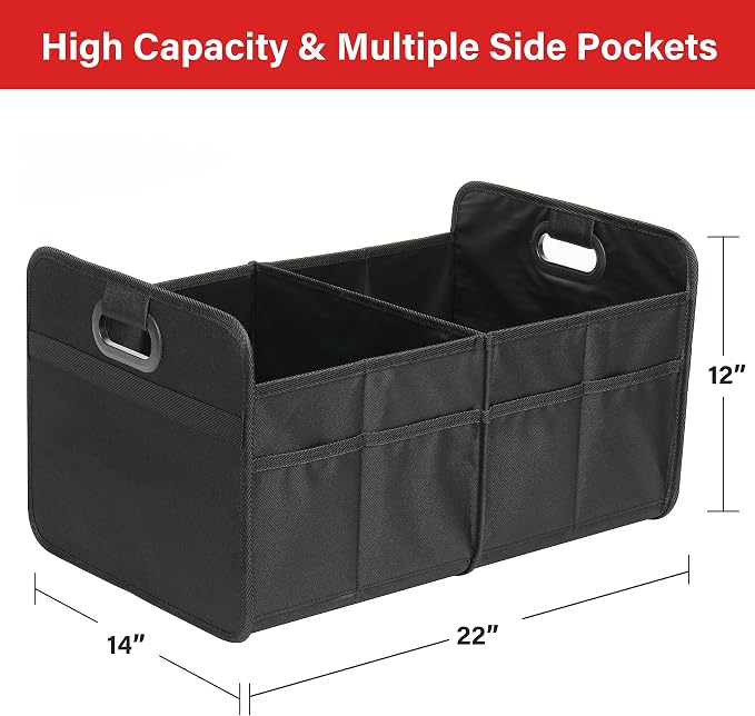 Car Trunk Organizer, 2 Compartments Collapsible Trunk Storage, Anti-slip Design, Made of Waterproof 600D Oxford Polyester, Suitable for SUV, Minivan, Truck, Standard Size, Black