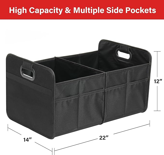 Car Trunk Organizer, 2 Compartments Collapsible Trunk Storage, Anti-slip Design, Made of Waterproof 600D Oxford Polyester, Suitable for SUV, Minivan, Truck, Standard Size, Black New