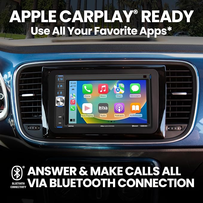 BCP62-RC Car Stereo - Apple CarPlay, Double Din, 6.2 Inch Capacitive Touchscreen, Bluetooth, No CD DVD Player, AM/FM Radio Receiver, Backup Camera