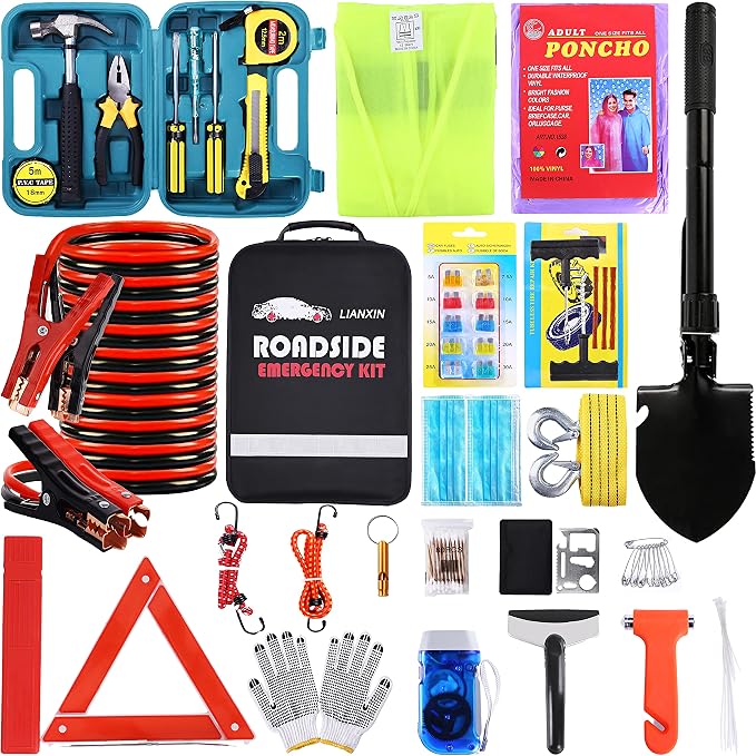 Roadside Emergency Car Kit, Safety Car Kit,with Jumper Cables Emergency kit | Emergency Roadside Kit for Car Warning Triangle,Folding Shovel, Safety Hammer, Tow Rope, Breakdowns fo Emergency Kit Car