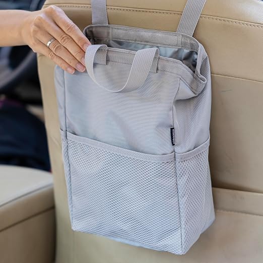 New Leak-Proof Travel Trash Bag, Hanging Car Trash Can with Hook and Loop Lid and Handle, Multipurpose Trash Bin with Storage Pockets for Car SUV Truck RV Camping 2 Gallons (Atomic Silver)