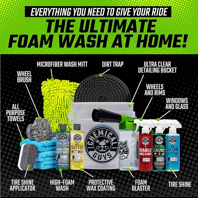 Car Wash Kit 14-Pc Arsenal Builder - with Foam Blaster, Wash Bucket, Towels, Applicators, and 16 oz Soaps, Waxes, and Cleaners - Complete Car Detailing Gift Set, Works with Garden Hose