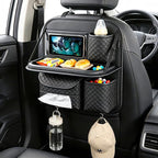 PU Leather Backseat Car Organizer with Foldable Tray & Tablet Holder, Luxury Diamond Stitching Design, Universal Car Seat Storage Organizer for Kids & Family Travel Accessories, Black