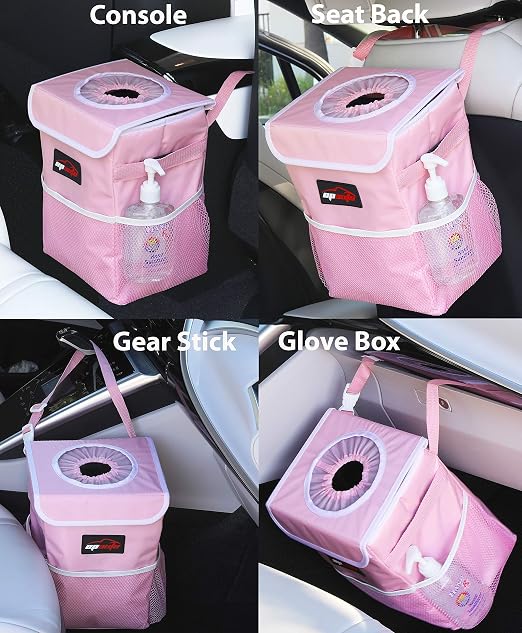 Waterproof Car Trash Can with Lid and Pockets, 2.5 Gal, Pink | Leakproof, Collapsible Multipurpose Car Bin with 3 Side Storage Pockets, Adjustable Straps