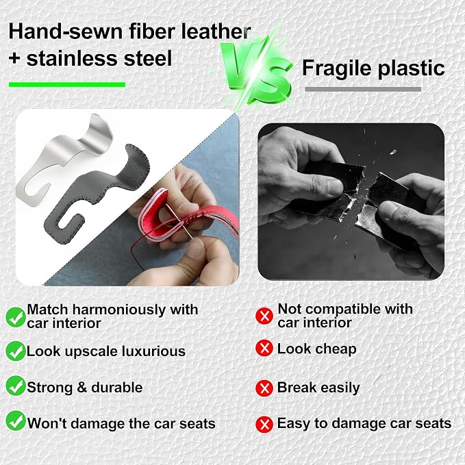 Car Seat Headrest Hook, Universal Vehicle Storage Hanger, Leather with Metal Car Seat Back Organizer for Handbag, Purse, Coat, Ergonomic Design, Gray 2 Pack