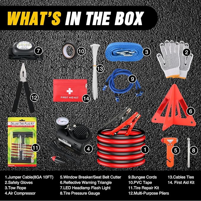 Car Emergency Kit with Jumper Cable, First Aid Kit Safety Assistance Tools for Travel Camping Outdoor Cars Truck SUV RV, Roadside Essentials with Flash Light