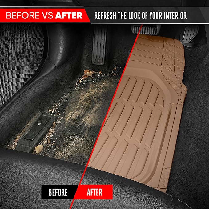 FlexTough LITE Rubber Car Mats Full Set - All Weather Floor Mats for Trucks, Cars & SUVs - Automotive Waterproof Beige Car Floor Mats for Cars Interior Accessories Universal Trim-to-Fit