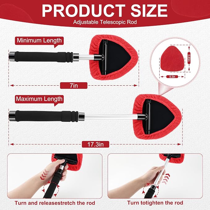 Windshield Cleaner Tool, Car Interior&Exterior Window Cleaning Tool with Extendable Handle & 4 Reusable Microfiber Pads, Auto Glass Wiper Brush Kit for Cars (Red)