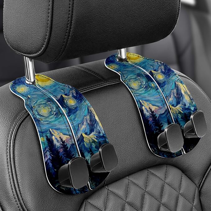 Purse Holder for Car, 2 Pack Heavy Duty Purse Hanger for Car, PU Leather Car Seat Hooks for Purses and Bags, Cute Starry Sky Mountain Headrest Organizer for Handbags & Backpacks