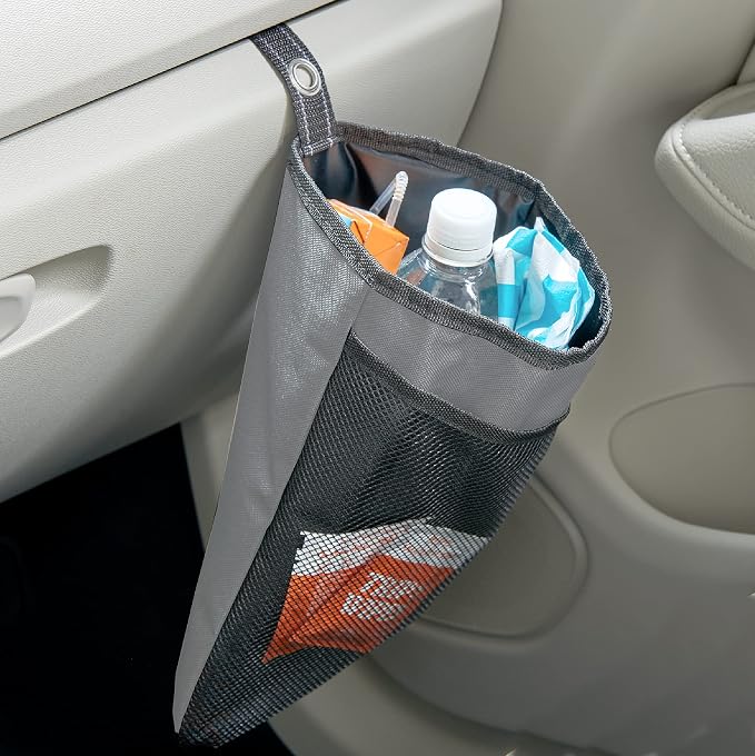 TrimTrash Hanging Car Garbage Bag - Slim and Leakproof Car Trash Bag with Magnetic Closure and Storage Pocket - Attaches to Seat, Glovebox or Console