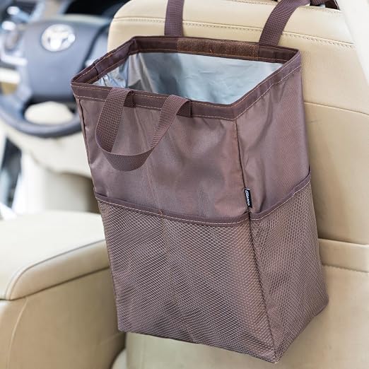 New Leak-Proof Travel Car Trash Bag, 3.5 Gallons Large Capacity Hanging Car Trash Can with Hook and Loop Lid and Handle, Multipurpose Trash Bin with Storage Pockets for SUV RV Camping (Brown)