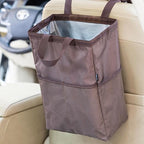 New Leak-Proof Travel Car Trash Bag, 3.5 Gallons Large Capacity Hanging Car Trash Can with Hook and Loop Lid and Handle, Multipurpose Trash Bin with Storage Pockets for SUV RV Camping (Brown)