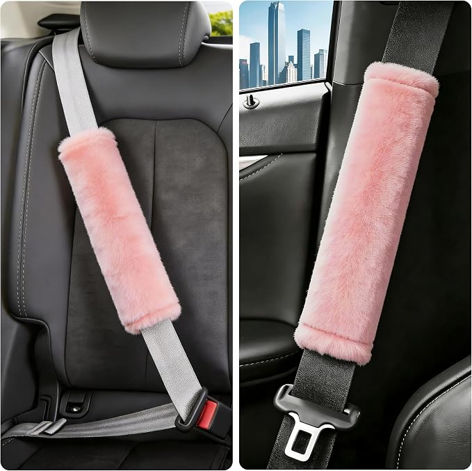 Soft Faux Fur Universal Fit Seatbelt Cover Car Truck SUV Airplane Seat Belt Shoulder Pad for Carmera Backpack Straps Neck Cushion Protector 2 Pack 10.5in Nude Pink