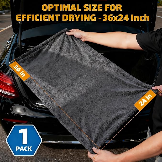1-Pack 1200 GSM Car Drying Towels – Microfiber Towels for Cars (36" x 24"), Ultra-Absorbent, Streak-Free, Scratch-Free, No Water Spots, Double-Twist Pile & Edgeless Design