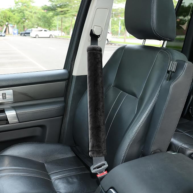 Soft Faux Fur Universal Fit Seatbelt Cover Car Truck SUV Airplane Seat Belt Shoulder Pad for Carmera Backpack Straps Neck Cushion Protector Extra Long 25.6in Dark Gray