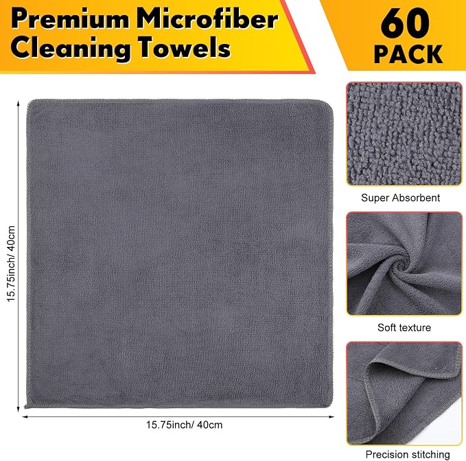 Microfiber Cleaning Cloths for Cars 16 x 16 Inch Ultra Absorbent Car Towels Drying Reusable Cleaning Supplies House Kitchen Window Microfiber Towel (Gray,60 Pcs)