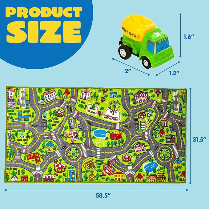 Kids Play Rugs - 12 Pull-Back Vehicle Set - Durable Carpet Playmat Rug - City Pretending Play - Toddler Car Track Rug