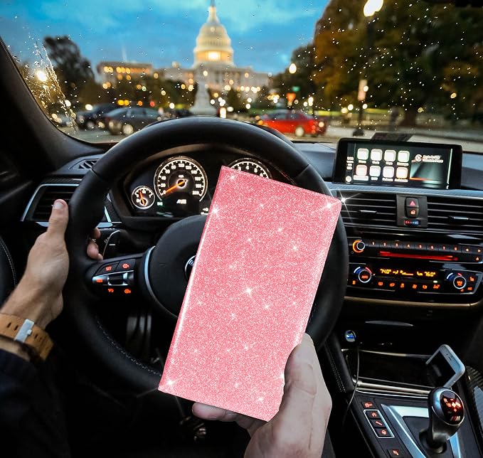 Car Registration and Insurance Card Holder, Vehicle License Document Glove Box Compartment Organizer, Interior Car Accessories for Women Men (Glitter Pink)