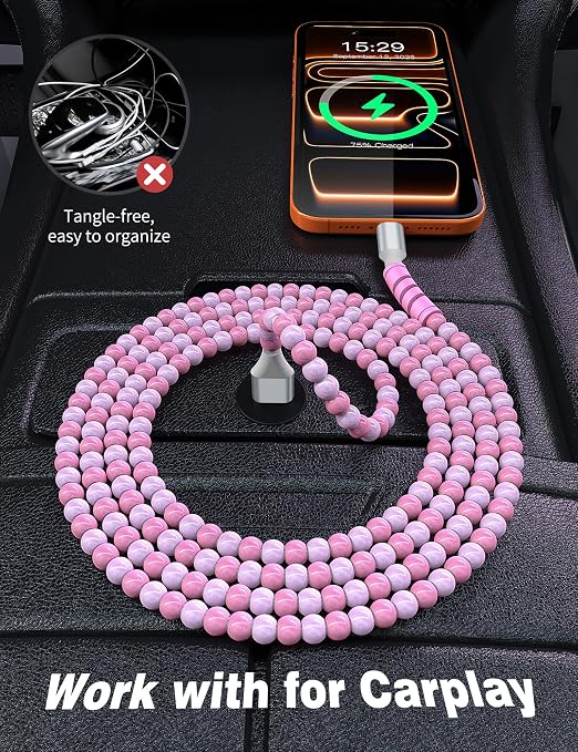 USB A to USB C Cable 3FT,Beaded Charger Cord for iPhone 17 16 Pro Max 15 for Carplay,Type C Cute Car Charger Cord for iPad 10 11th A16/Samsung S26 S25 S24 S23/Pixel/Android Phone Girls Women,Link-Pink