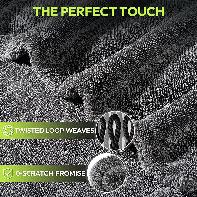 Drying Towel for Car Detailing, 1500 GSM Ultra Super Absorbent, 24"x36" XL Soft Microfiber Towels for Cars, Twisted-Loop & Streak Free Microfiber Towels for Cars, Trucks, SUVs