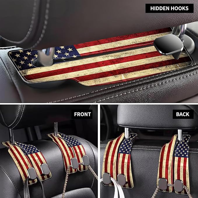 Purse Hook for Car Vintage American Flag 1 Pack Headrest Back Seat Hook Premium Leather Double Metal Hanger Storage Pack Bag Purse Holder Car Interior Accessories
