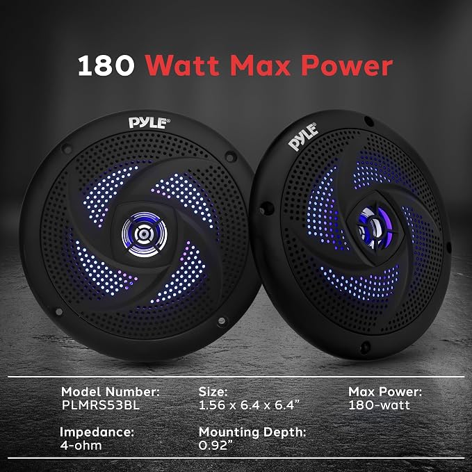 Pyle Marine Speakers -5.25 Inch 2 Way Waterproof and Weather Resistant Outdoor Audio Stereo Sound System with LED Lights,180 Watt Power and Low Profile Slim Style -1 Pair -PLMRS53BL (Black)