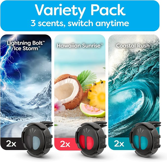 Mini Diffuser Car Air Fresheners Variety Pack, Lightning Bolt/Ice Storm, Hawaiian Sunrise, and Coastal Rush Scents, 6 Pack