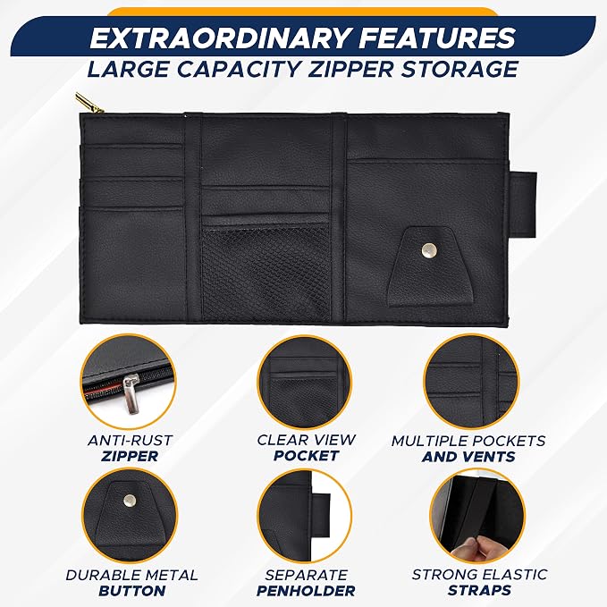 Car Sun Visor Organizer (Black) | Multi-Pocket Net Zipper Case for Cash, Card, Pen & Sunglass | Visor Organizer Storage Pouch | Interior Accessories with Pocket for Car & Truck | Small