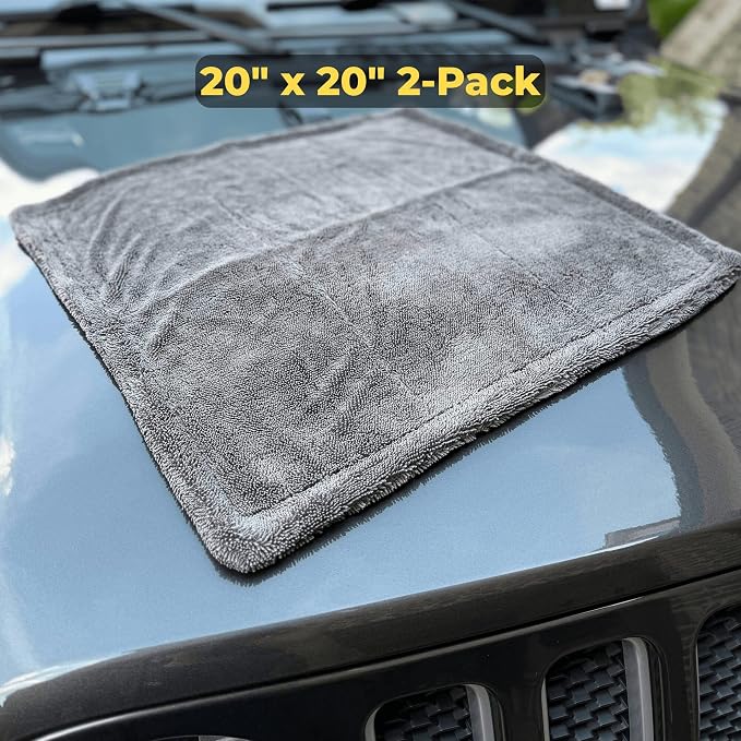 Double Trouble 2-Pack Car Drying Towels 20x20, 1200GSM | 1200GSM double-sided microfiber, 2-pack, 4 drying surfaces total, for touch-ups, mirrors, door jambs, post-wash & car wash