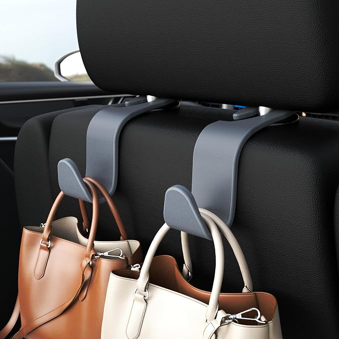Car Seat Headrest Hook 4 Pack Hanger Universal Vehicle Car Storage Organizer for Handbag Purse Coat S Type Grey