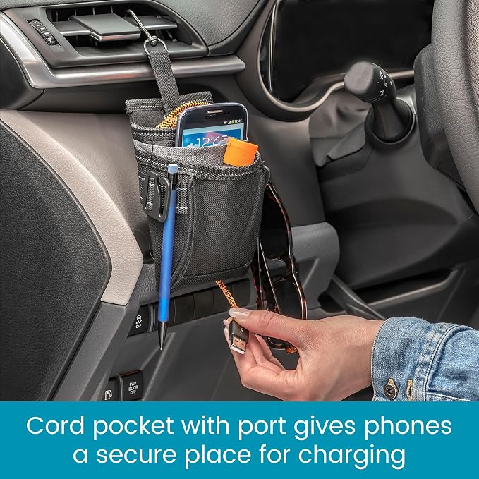 DriverPockets Car Pouch - Air Vent Pocket and Vent Cell Phone Holder for Car - Front Seat Organizer with 3 Pockets, Hanging Hooks and Charging Port