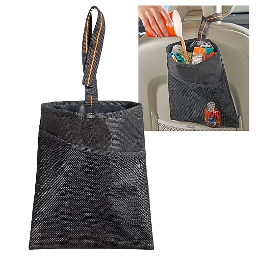 Small Hanging Car Trash Bag with Waterproof Liner, Storage Pocket and Adjustable Strap - Hangs from Handles or Headrest Posts Without Taking Up Legroom