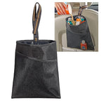 Small Hanging Car Trash Bag with Waterproof Liner, Storage Pocket and Adjustable Strap - Hangs from Handles or Headrest Posts Without Taking Up Legroom