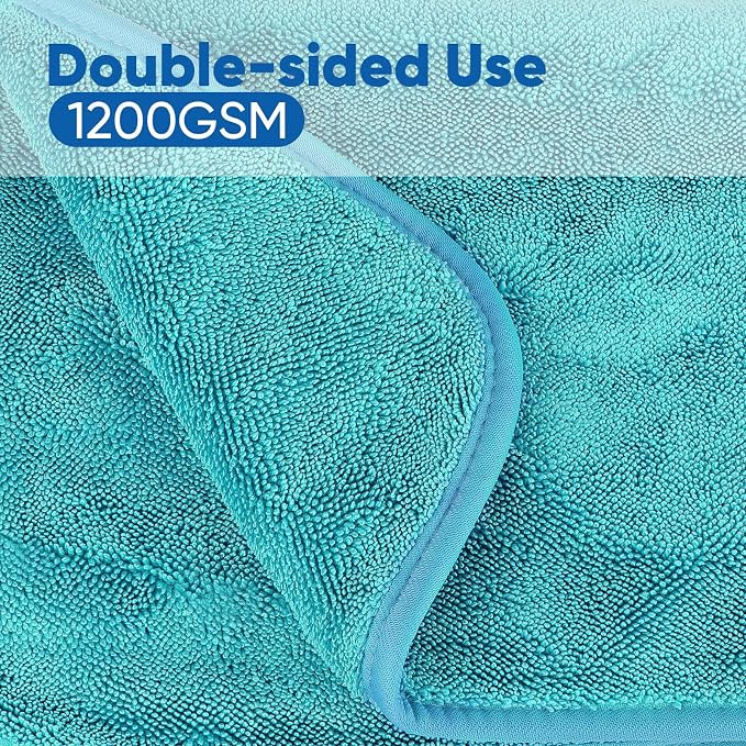 Professional Car Drying Towel (36"x 24") with Twisted-Loop Technology, 1200GSM for a Streak-Free Finish – Microfiber Towels for Cars, Trucks, SUVs, RVs and Motorcycles, Lake Green