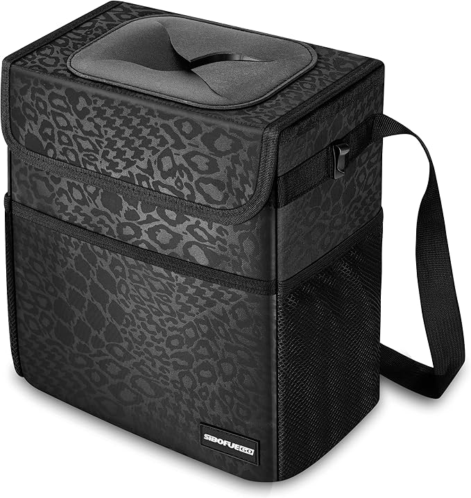 Cute Car Trash Can with Lid – Multipurpose Collapsible Trash Bin for Car, Leak-Proof Organizer, Waterproof Garbage Can with Storage Pockets & Adjustable Straps, 2 Gallons (Black Leopard)